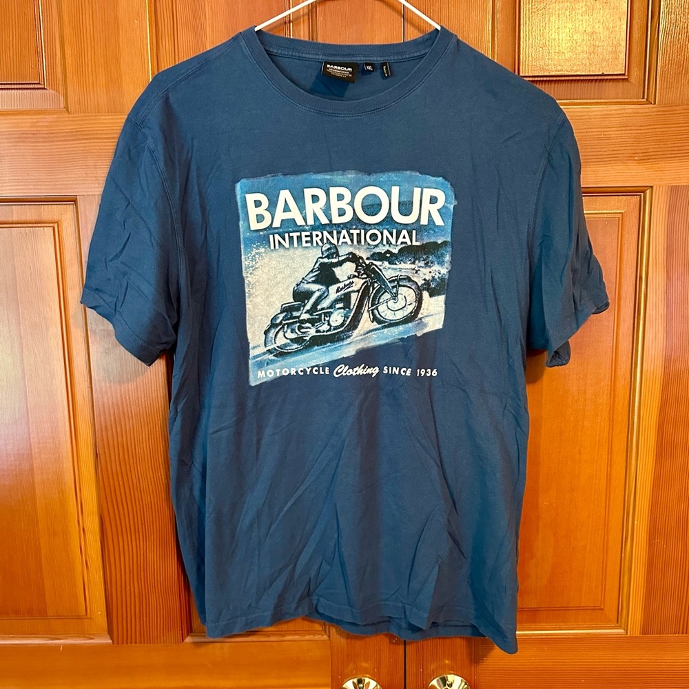 Barbour International Men’s graphic tee.  Size XXL. Blue with motorcycle graphic